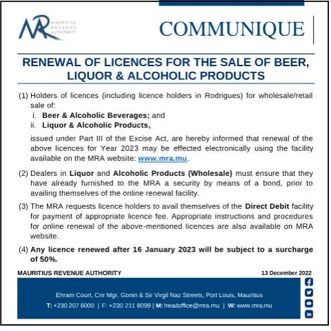 Document preview: Mauritius Alcohol Licence Renewal Guidance — Government & admin (CERFA n°CommuniqueRumNLiquor141222)