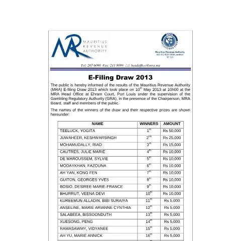 Document preview: Winners of the eFiling Draw 2013 Revealed — Government & admin (CERFA n°efilingWinners2013)