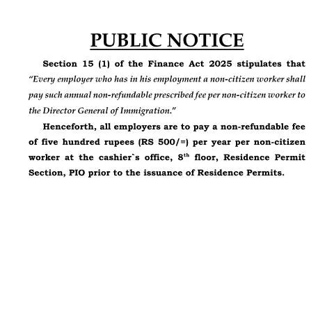 Document preview: Mauritius Official Notice on Non-Citizen Worker Fees — Government & admin (CERFA n°PUBLIC-NOTICE-29.12.2025)