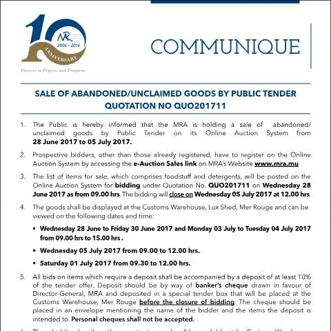 Document preview: Explore the Sale of Unclaimed Goods in Mauritius — Government & admin (CERFA n°CommuniqueQ11of2017)