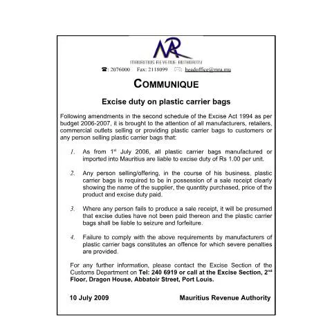 Document preview: Understanding the Employee Declaration Form in Mauritius — Government & admin (CERFA n°Communique_Plastics_Bags13.07.09)