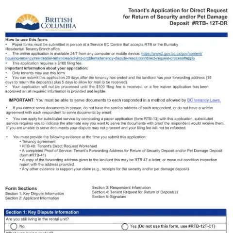 Document preview: How to Request Your Deposit Back in British Columbia — Housing (RTB-12T-DR)