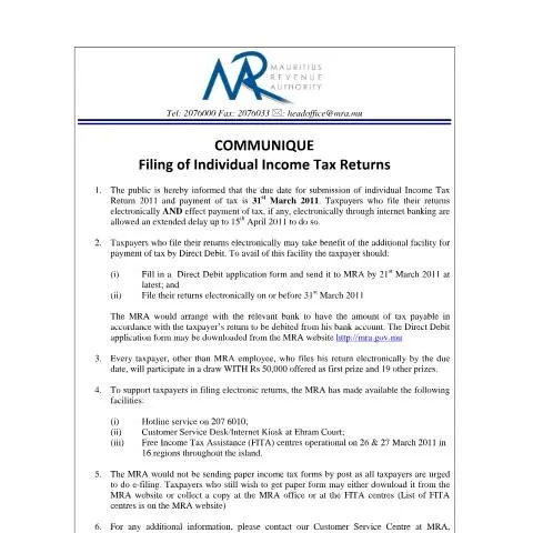 Document preview: Essential Guide to Filing of Return 2011 for Tax Compliance — Taxes (CERFA n°communiqueFilingReturn2011)