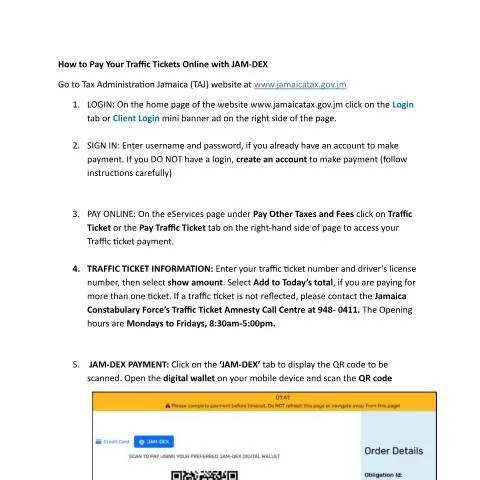 Document preview: Guide to Paying Traffic Tickets Online via JAM-DEX in Jamaica — Government & admin (CERFA n°How+to+PAY+Your+Traffic+Tickets+Online+with+JAM-DEX)