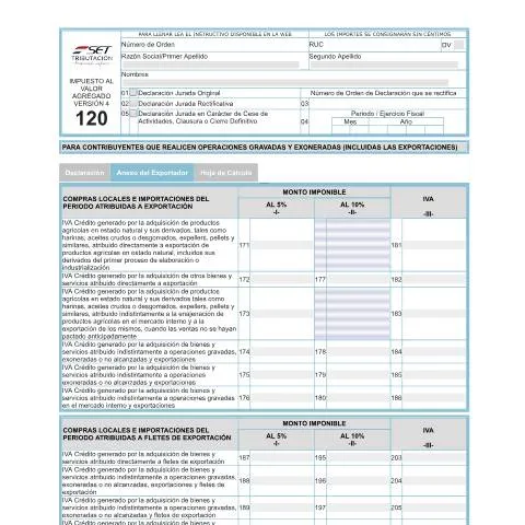 Vista previa del documento Guía del formulario Anexo del Exportador 120 V4 en Paraguay — Impuestos