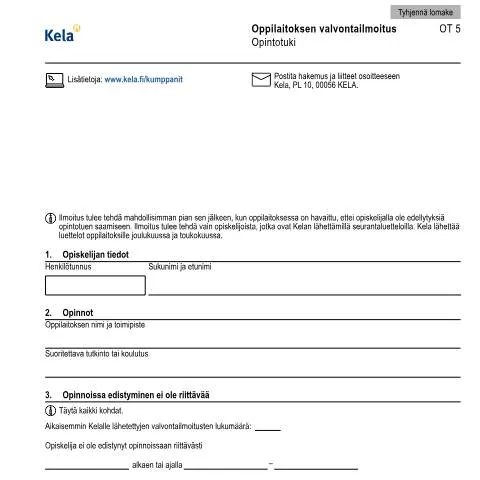 Document preview: Miksi oppilaitoksen valvontailmoitus on tärkeä opiskelijalle? — Opiskelu & koulutus (CERFA n°Kela OT 5)