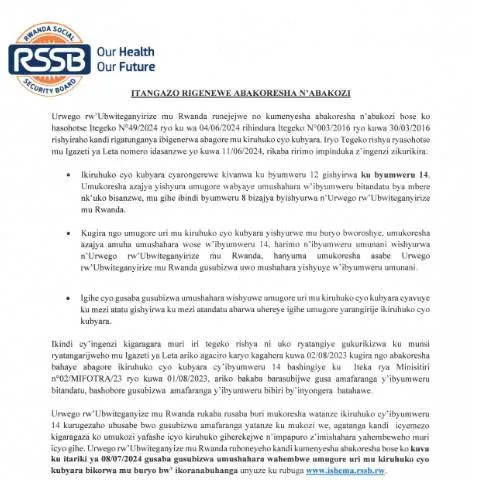 Document preview: Understanding the New Maternity Leave Regulations in Rwanda — Health (CERFA n°Itangazo_Ikiruhuko_cyo_kubyara_cyongerewe_merged_e3966b530f)