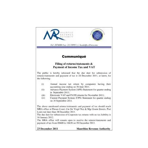 Document preview: Guide to Filing Income Tax and VAT Returns in Mauritius — Taxes (CERFA n°CommuniqueAnnualReturnSubmissionDec2011)