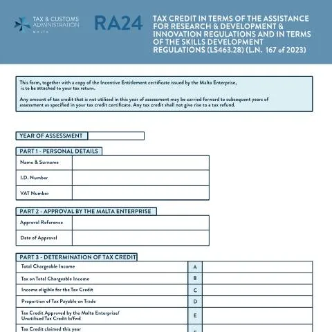 Document preview: Navigating the RA Form for Income Tax Returns in Malta — Taxes (CERFA n°cfr-ra24-mlt-eng)