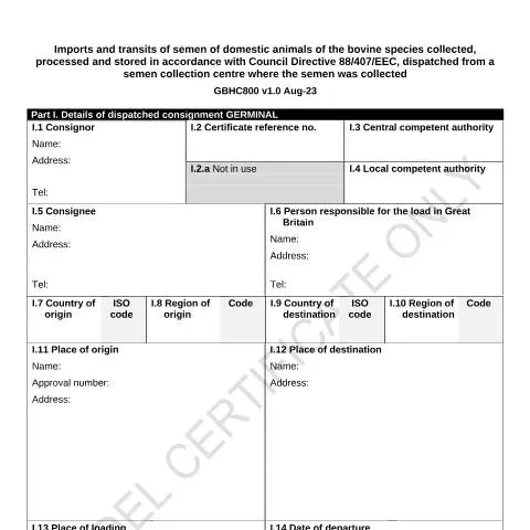 Document preview: GBHC800 Health Certificate: Essential Guide for Bovine Semen Imports — Government & admin
