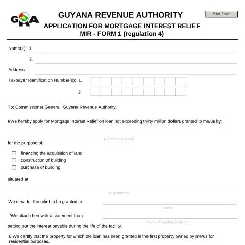 Document preview: Guide to Applying for Mortgage Interest Relief (MIR) Form1 in Guyana — Library