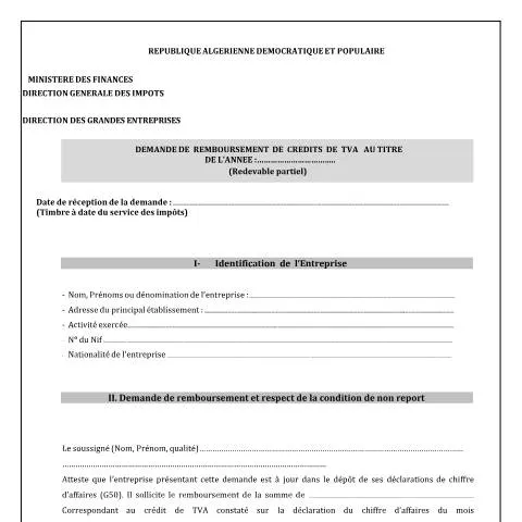 Aperçu du document Guide pratique pour le remboursement des crédits de TVA en Algérie — Impôts & fiscalité (CERFA n°Demande de remboursement des credits de TVA redevable partiel DGE)