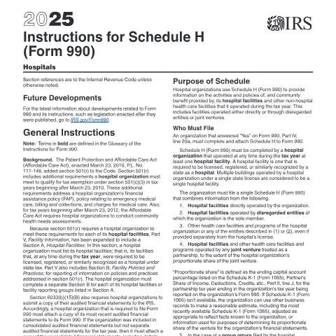 Document preview: Navigating IRS Schedule H for Hospital Compliance — Taxes (CERFA n°INST-990SH)