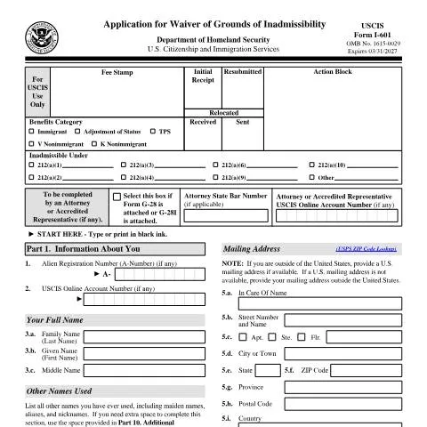 Document preview: Understanding USCIS Form I-601 for Immigration Waivers — Immigration & visas (CERFA n°I-601)