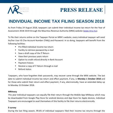 Document preview: Essential Guide to Individual Income Tax Filing in Mauritius 2018 — Taxes (CERFA n°PressReleaseFillingSeason2018)