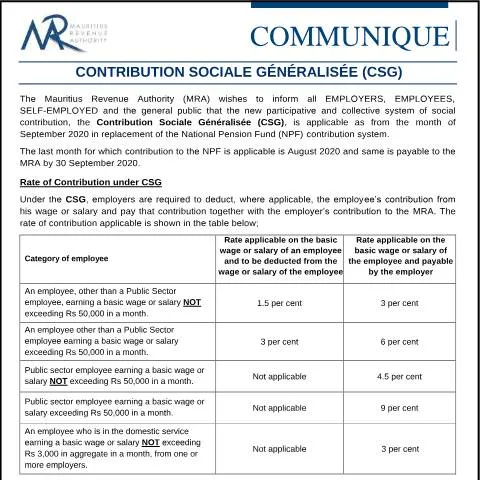 Document preview: Mauritius Announces Implementation of Contribution Sociale Généralisée — Taxes (CERFA n°CommuniqueCSG)