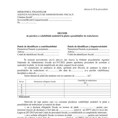 Document preview: Detalii despre pierderea amânării penalităților de nedeclarare — Impozite & fiscalitate (CERFA n°A16_OPANAF_1767_2021)