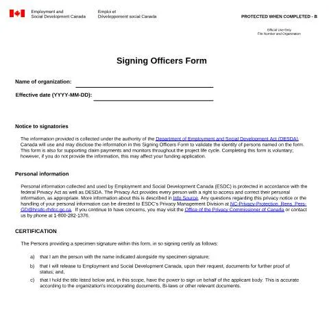 Document preview: Understanding the Signing Officers Form for ESDC Funding — Work & employment (CERFA n°EMP5691)