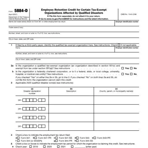 Document preview: Understanding IRS Form 5884-D for Disaster-Affected Organizations — Taxes (CERFA n°5884D)