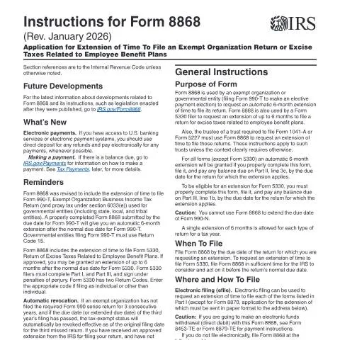 Document preview: Mastering IRS Instructions for Form 8868: A Key Resource — Taxes (CERFA n°INST-8868)