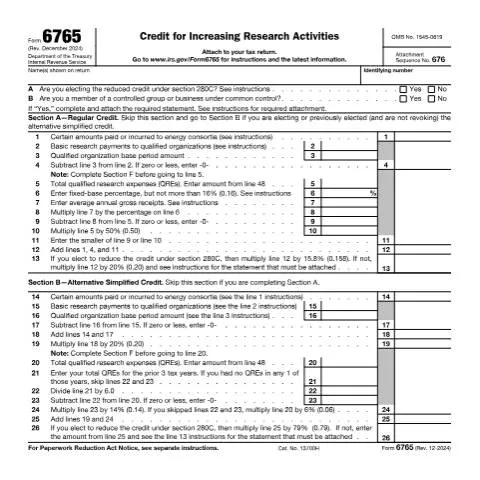 Document preview: Mastering IRS Form 6765 for Research Activities — Taxes (CERFA n°6765)