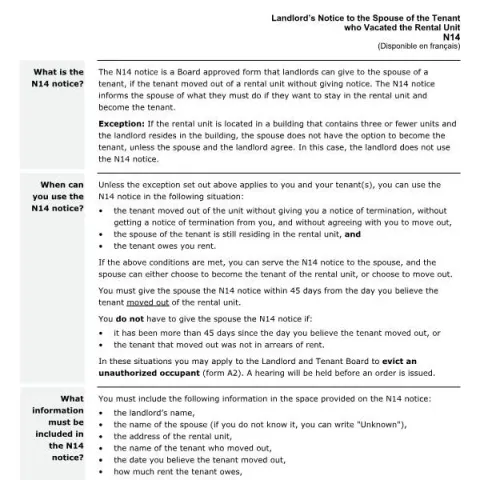 Document preview: Understanding the Landlord's N14 Notice to Tenant's Spouse in Ontario — Housing (N14)