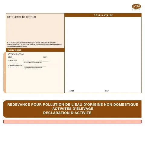 Aperçu du document Redevance pollution eau élevage : guide de la déclaration obligatoire — Démarches administratives (CERFA n°13746*05)