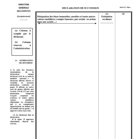 Aperçu du document Comprendre le Formulaire Succession N°25 bis en Algérie — Impôts & fiscalité (CERFA n°Formulaire Succession N25 bis)
