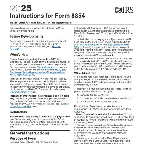 Document preview: Understanding IRS Form 8854 for Expatriates — Taxes (CERFA n°INST-8854)