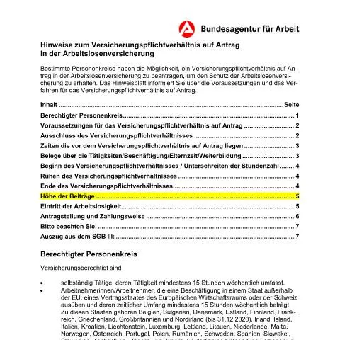 Dokumentvorschau: Wichtige Informationen zur Arbeitslosenversicherung für Selbständige — Behörden & Verwaltung (CERFA n°hinweis-alv_ba035280)