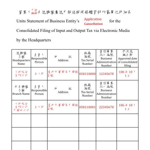 Document preview: 深入解析營業人申請(撤銷)由總機構彙總申報進銷項媒體資料所屬單位明細表 — Taxes (CERFA n°填表範例中英並列)