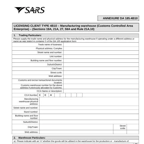 Document preview: Navigating the DA 185.4B10 Form for Manufacturing Warehouses — Government & admin (CERFA n°DA 185.4B10)