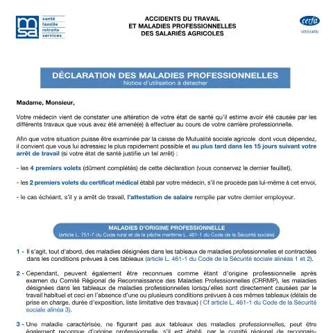 Aperçu du document Comment déclarer une maladie professionnelle en agriculture — Santé (CERFA n°10131*05)