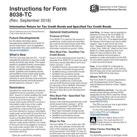 Document preview: Understanding IRS Form 8038-TC Instructions for Tax Credit Bonds — Taxes (CERFA n°INST-8038TC)