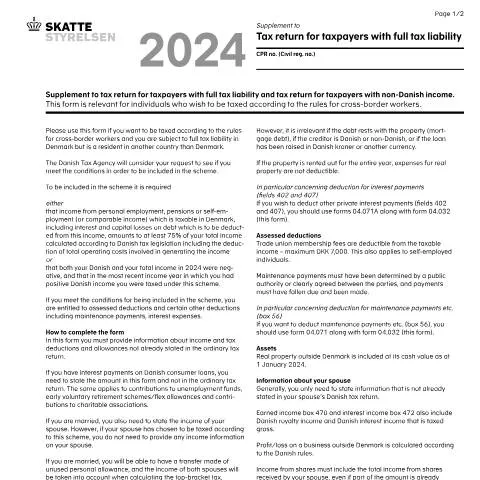 Document preview: Supplement til skatteansøgning for fuld skattepligt — Skatter & skat (CERFA n°04.032)