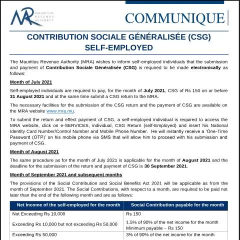 Document preview: Mauritius Self-Employed Social Contribution Guidelines 2021 — Taxes (CERFA n°CommuniqueCSG160821)