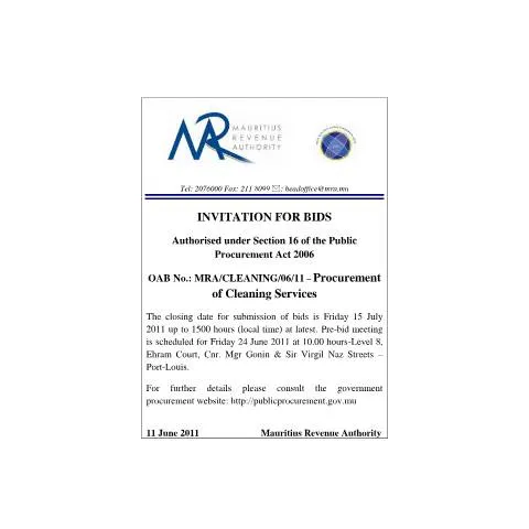 Document preview: Procurement of Cleaning Services in Mauritius — Government & admin (CERFA n°CommuniqueBidsCleaning)