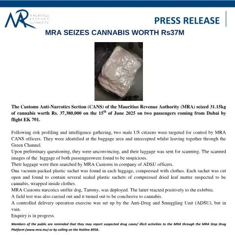 Document preview: MRA's Significant Cannabis Seizure: A Step Towards Safer Mauritius — Government & admin (CERFA n°PressRelease18062025)