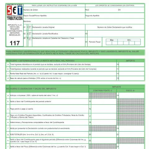 Vista previa del documento Formulario 117 para Declaraciones Juradas en Paraguay — Impuestos (CERFA n°F117)