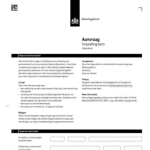 Documentvoorvertoning: Vrijstelling bpm aanvragen voor erfgoederen — Belastingen (CERFA n°bpm0512z6fol)