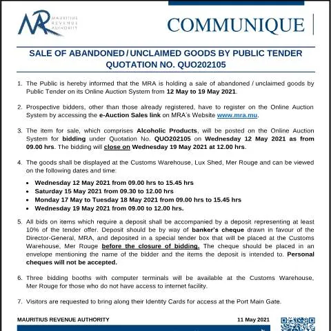 Document preview: Exploring the Sale of Unclaimed Goods in Mauritius — Government & admin (CERFA n°CommuniqueQ202105)