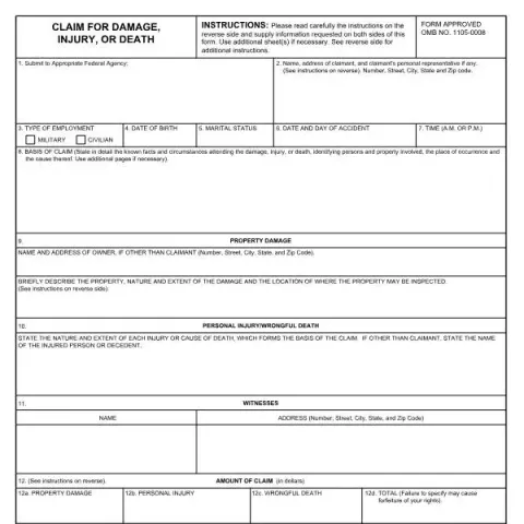 Document preview: Guide to Filing a Claim for Damage, Injury, or Death — Legal & justice (SF-95)