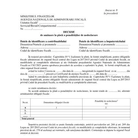 Document preview: Amânarea penalităților de nedeclarare prin OPANAF 1767/2021 — Impozite & fiscalitate (CERFA n°A8_OPANAF_1767_2021)
