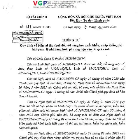Document preview: Quy định mới về biên lai thu thuế trong hải quan — Thủ tục hành chính (CERFA n°113/2025/TT-BTC)
