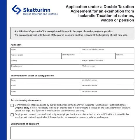 Document preview: Skref til að sækja um undanþágu frá íslenskum skatti — Skattar & fjármál (CERFA n°RSK 5.49)