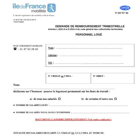 Aperçu du document Versement transport : remboursement pour employeurs franciliens — Démarches administratives (CERFA n°10292*06)