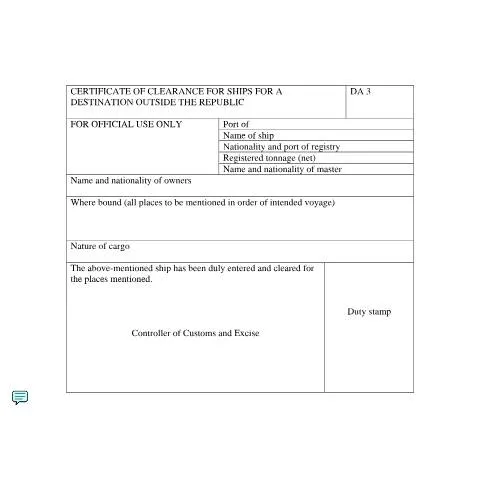 Document preview: Understanding the DA 3 Certificate of Clearance for Ships — Government & admin (CERFA n°DA 3)