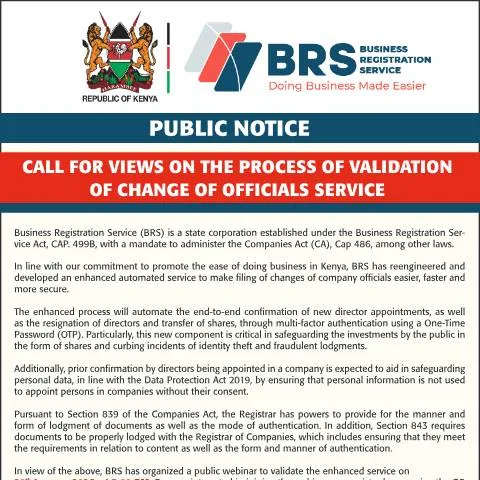 Document preview: Guide to BRS-VALIDATION of Company Officials in Kenya — Government & admin (CERFA n°BRS-VALIDATION-OF-CHANGE-OF-OFFICIALS-SERVICE-QTR)