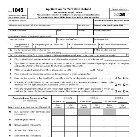 Document preview: Understanding IRS Form 1045 for Tax Relief — Taxes (CERFA n°1045)