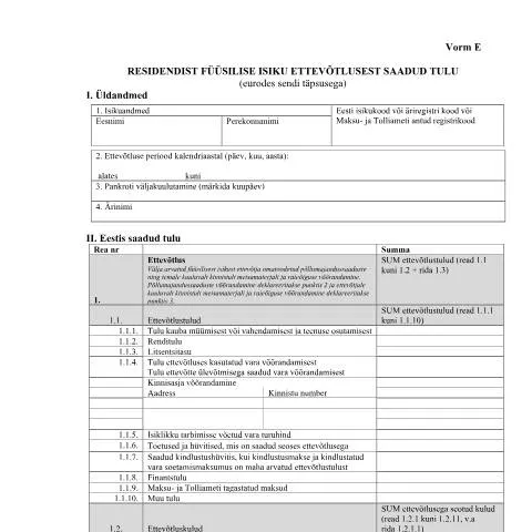 Document preview: Vorm E: Kuidas Deklareerida Ettevõtlustulu Eestis? — Maksud ja maksustamine (CERFA n°VORM E)